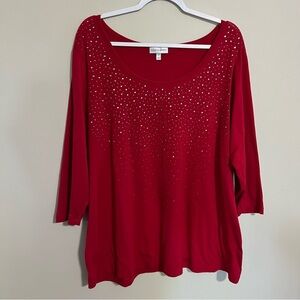 Fashion Bug Red Sequin 3/4 Sleeve Scoop Neck Top size 1X